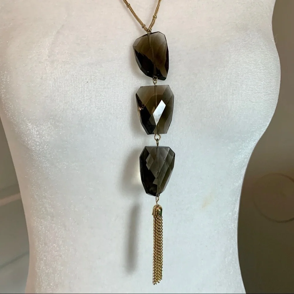 Gold and Grey Crystal & Tassel Statement Necklace